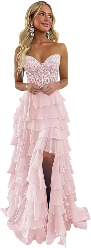 Strapless Lace Applique Prom Dresses 2025 for Women Tiered Ruffles Chiffon Long Formal Evening Gowns with Slit