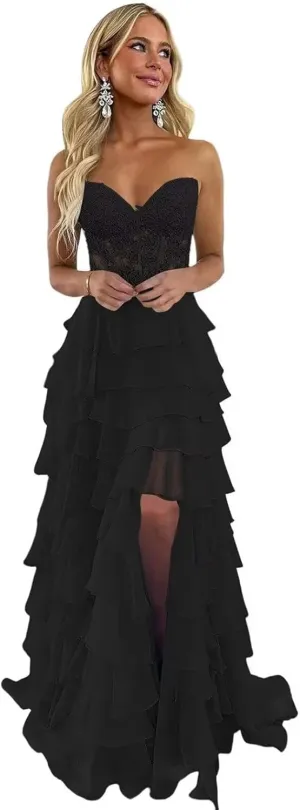 Strapless Lace Applique Prom Dresses 2025 for Women Tiered Ruffles Chiffon Long Formal Evening Gowns with Slit