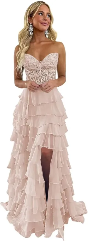Strapless Lace Applique Prom Dresses 2025 for Women Tiered Ruffles Chiffon Long Formal Evening Gowns with Slit