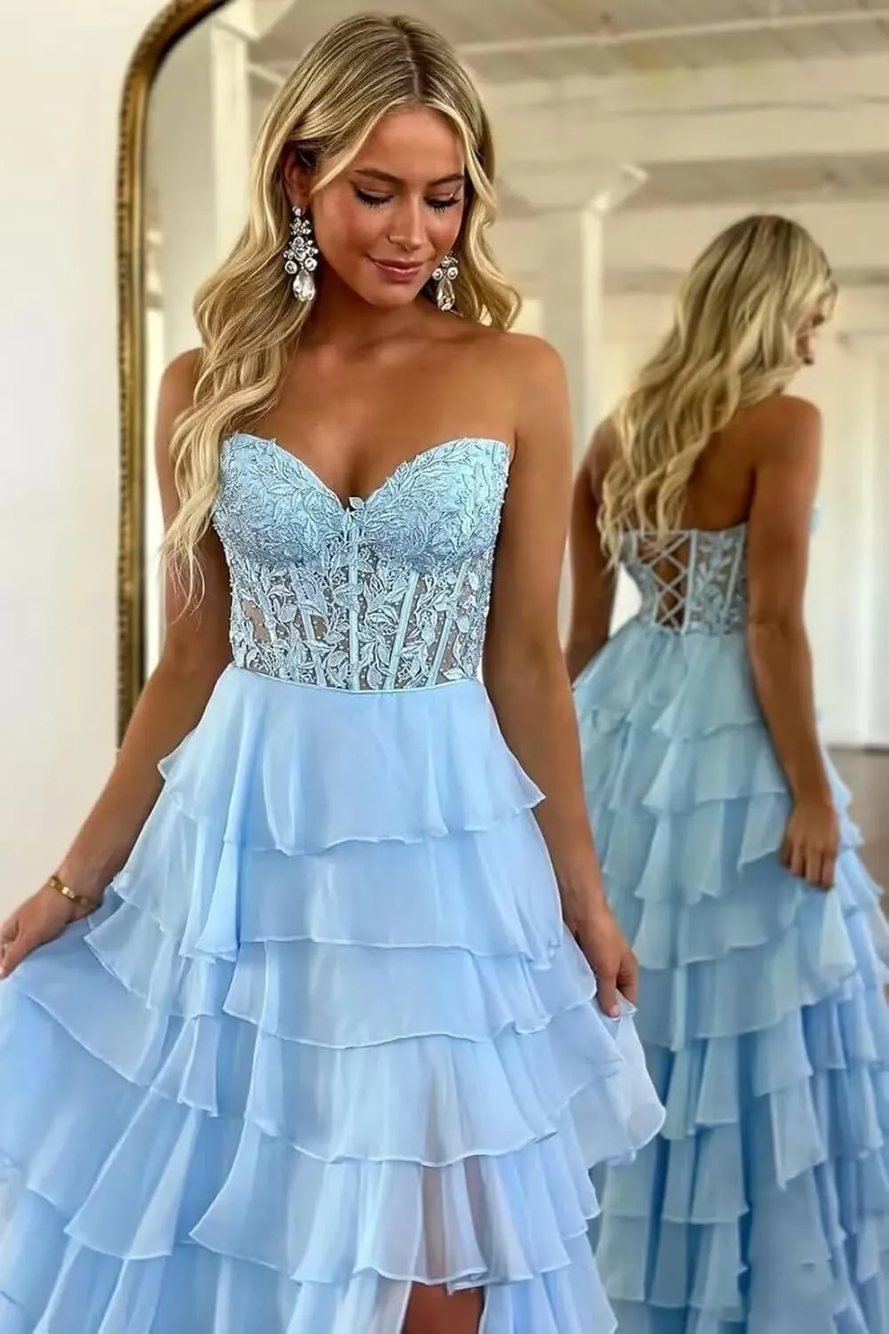 Strapless Lace Applique Prom Dresses 2025 for Women Tiered Ruffles Chiffon Long Formal Evening Gowns with Slit