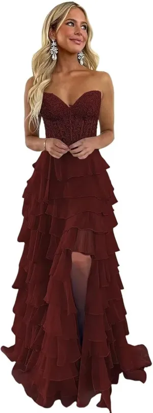 Strapless Lace Applique Prom Dresses 2025 for Women Tiered Ruffles Chiffon Long Formal Evening Gowns with Slit