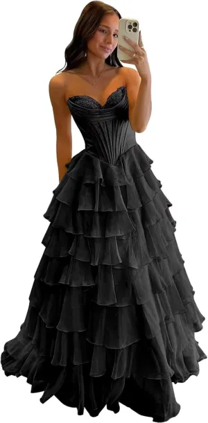 Strapless Prom Dresses for Women 2025 Chiffon Layered Formal Evening Dress A Line Corset Party Gowns with Slit