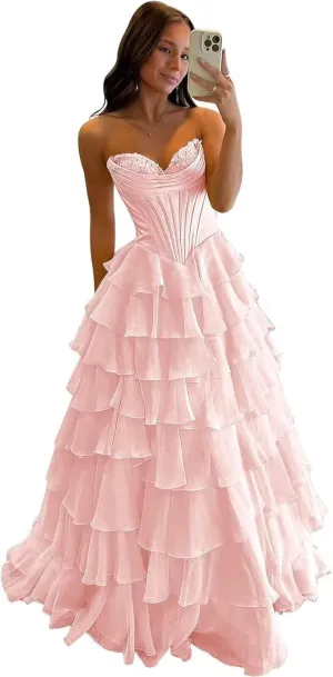 Strapless Prom Dresses for Women 2025 Chiffon Layered Formal Evening Dress A Line Corset Party Gowns with Slit