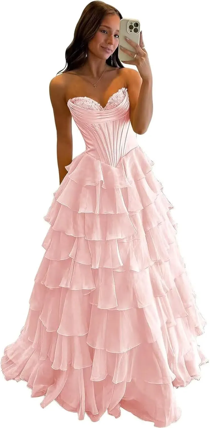 Strapless Prom Dresses for Women 2025 Chiffon Layered Formal Evening Dress A Line Corset Party Gowns with Slit