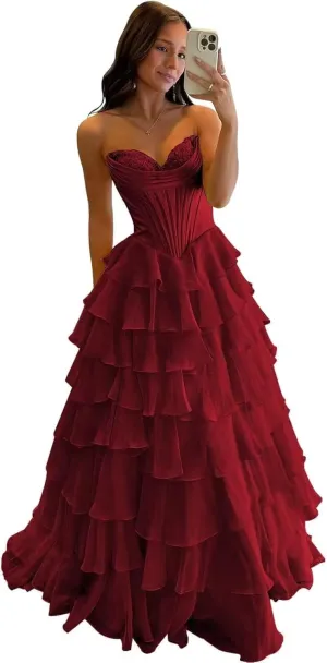 Strapless Prom Dresses for Women 2025 Chiffon Layered Formal Evening Dress A Line Corset Party Gowns with Slit