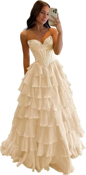 Strapless Prom Dresses for Women 2025 Chiffon Layered Formal Evening Dress A Line Corset Party Gowns with Slit