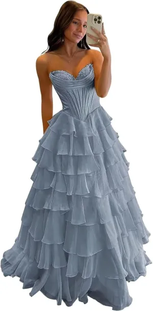 Strapless Prom Dresses for Women 2025 Chiffon Layered Formal Evening Dress A Line Corset Party Gowns with Slit