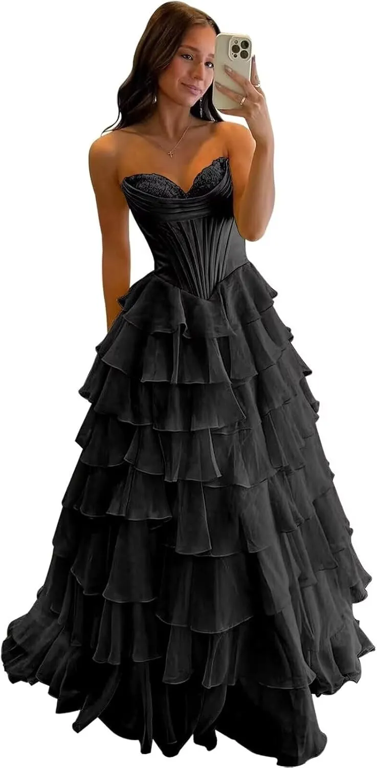 Strapless Prom Dresses for Women 2025 Chiffon Layered Formal Evening Dress A Line Corset Party Gowns with Slit