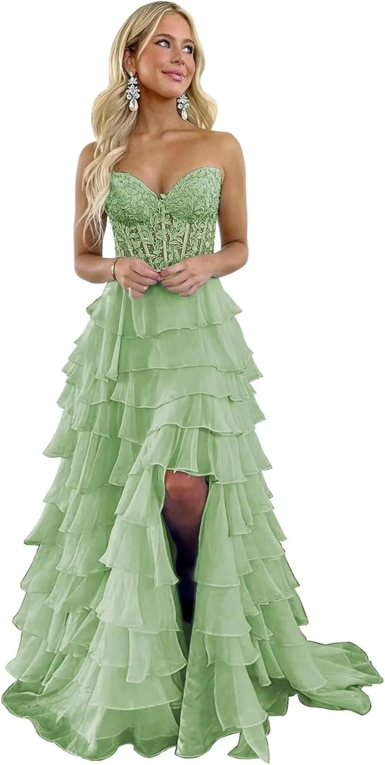 Strapless Tiered Lace Prom Dresses for Women 2024 Long Sweetheart Chiffon Corset Formal Evening Gown with Slit YH20