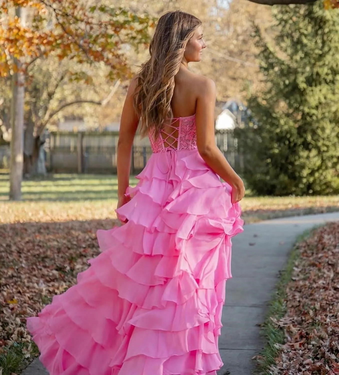 Strapless Tiered Lace Prom Dresses for Women 2024 Long Sweetheart Chiffon Corset Formal Evening Gown with Slit YH20