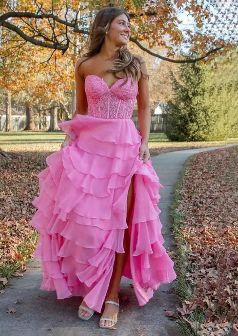 Strapless Tiered Lace Prom Dresses for Women 2024 Long Sweetheart Chiffon Corset Formal Evening Gown with Slit YH20