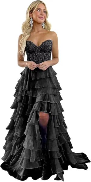 Strapless Tiered Lace Prom Dresses for Women 2024 Long Sweetheart Chiffon Corset Formal Evening Gown with Slit YH20