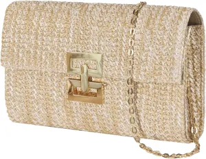 Straw Woven Clutch Purse Women Summer Evening Bag Chain Crossbody Boho Raffia Handbag Elegant Lock Envelope Flap