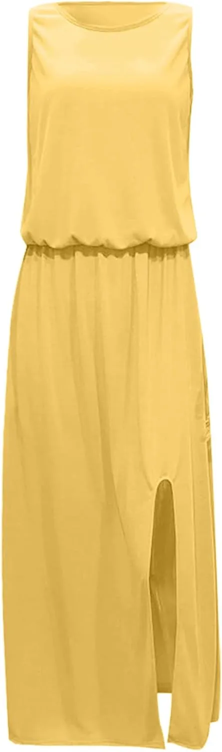 Summer Casual Dresses for Women 2025 Sleeveless Silt Long Vacation Dress High Waisted Flowy Plus Size Beach Sundress