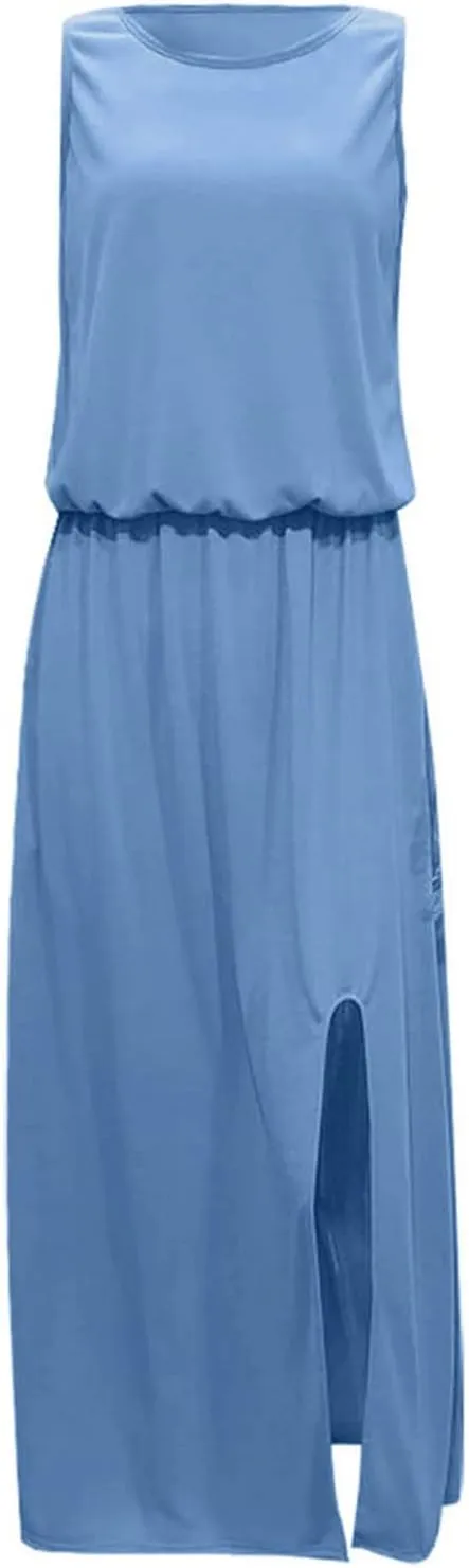 Summer Casual Dresses for Women 2025 Sleeveless Silt Long Vacation Dress High Waisted Flowy Plus Size Beach Sundress