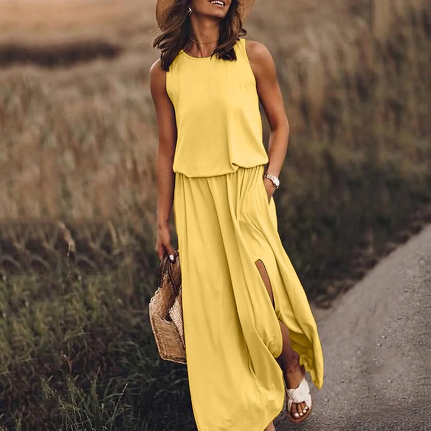 Summer Casual Dresses for Women 2025 Sleeveless Silt Long Vacation Dress High Waisted Flowy Plus Size Beach Sundress