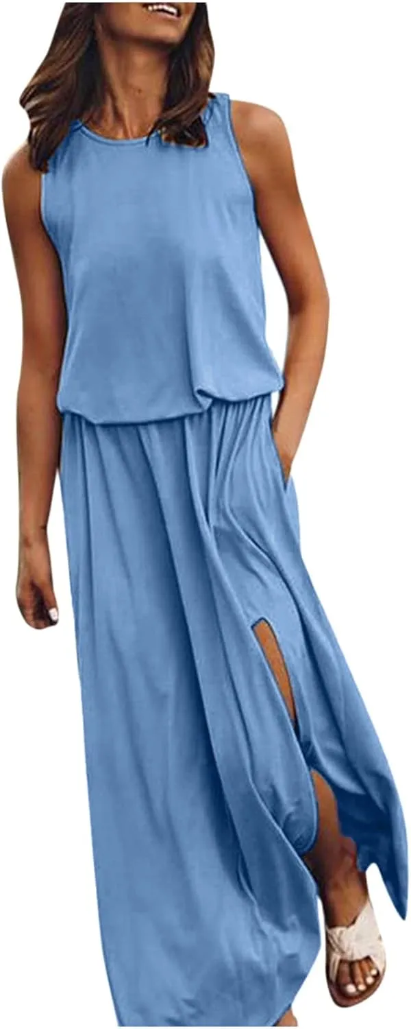 Summer Casual Dresses for Women 2025 Sleeveless Silt Long Vacation Dress High Waisted Flowy Plus Size Beach Sundress