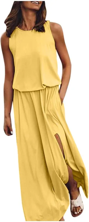 Summer Casual Dresses for Women 2025 Sleeveless Silt Long Vacation Dress High Waisted Flowy Plus Size Beach Sundress