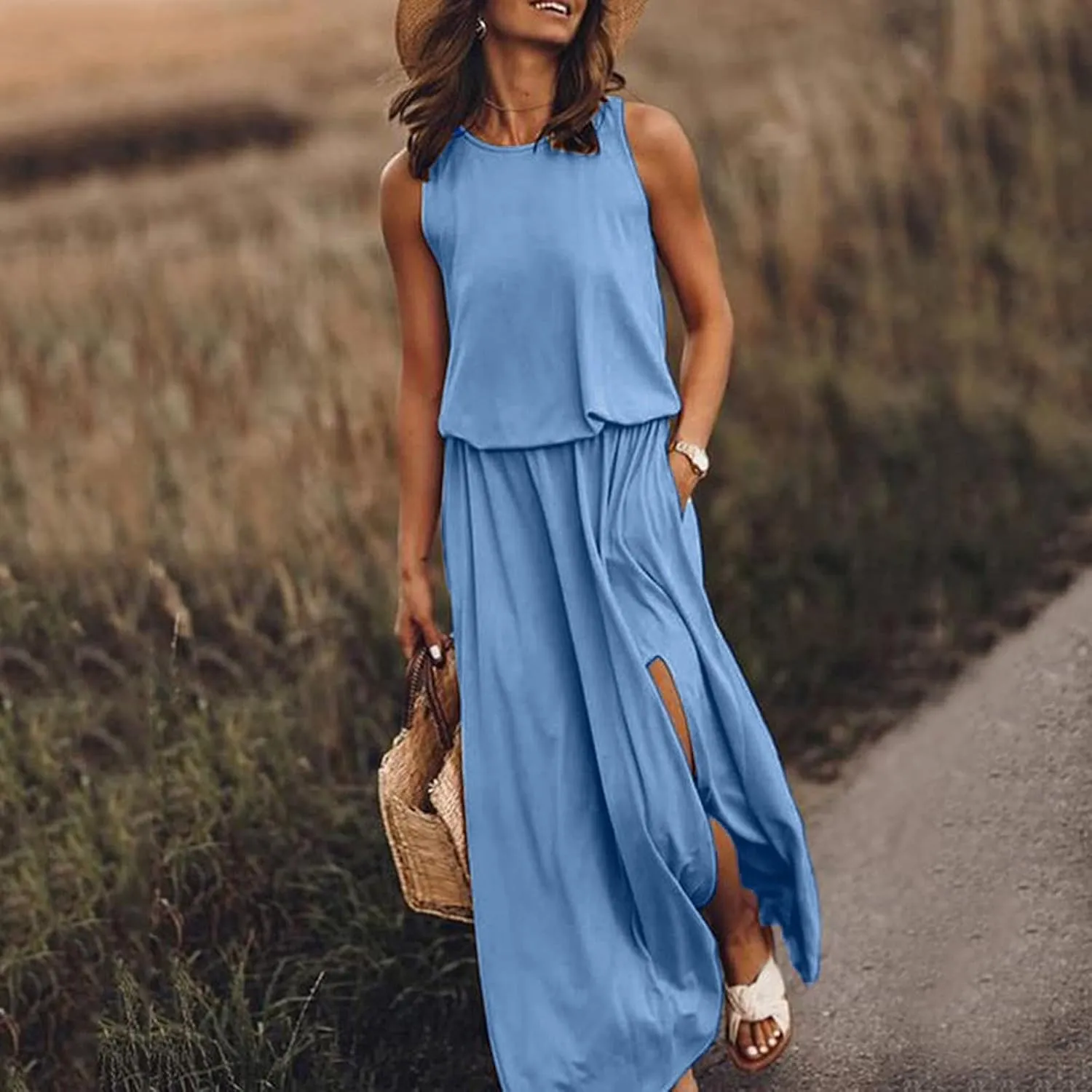 Summer Casual Dresses for Women 2025 Sleeveless Silt Long Vacation Dress High Waisted Flowy Plus Size Beach Sundress