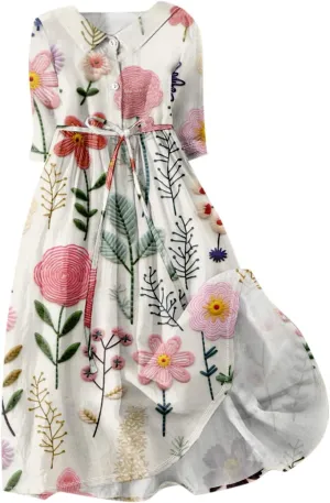 Summer Dress for Women 3/4 Sleeve Button Up A Line Flowy Maxi Dresses Vintage Floral Literary Simple Cotton Dress