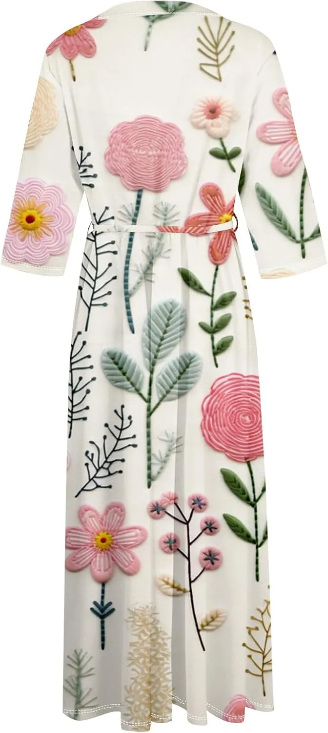 Summer Dress for Women 3/4 Sleeve Button Up A Line Flowy Maxi Dresses Vintage Floral Literary Simple Cotton Dress
