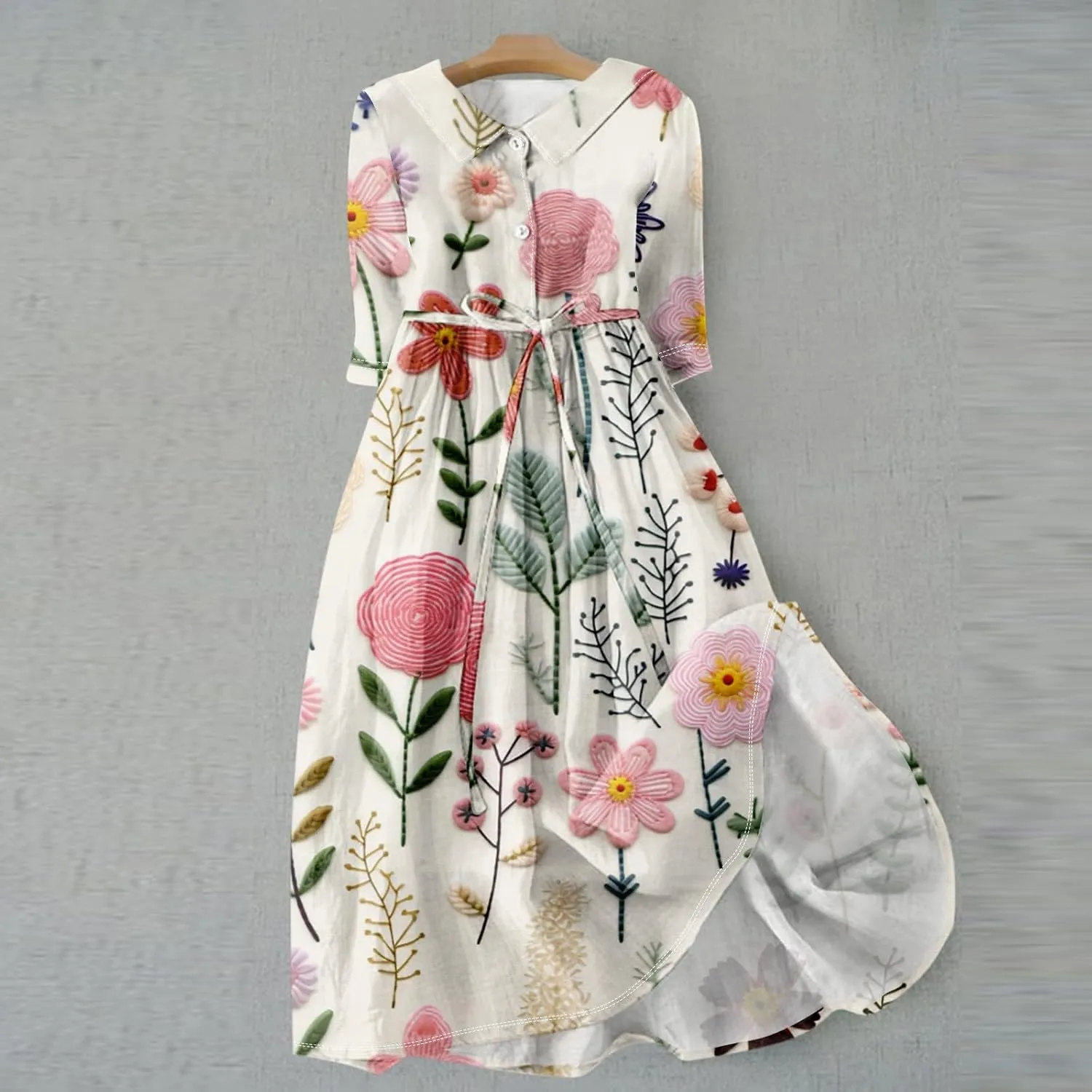 Summer Dress for Women 3/4 Sleeve Button Up A Line Flowy Maxi Dresses Vintage Floral Literary Simple Cotton Dress