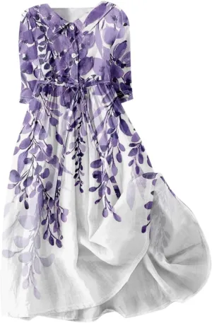 Summer Dress for Women 3/4 Sleeve Button Up A Line Flowy Maxi Dresses Vintage Floral Literary Simple Cotton Dress