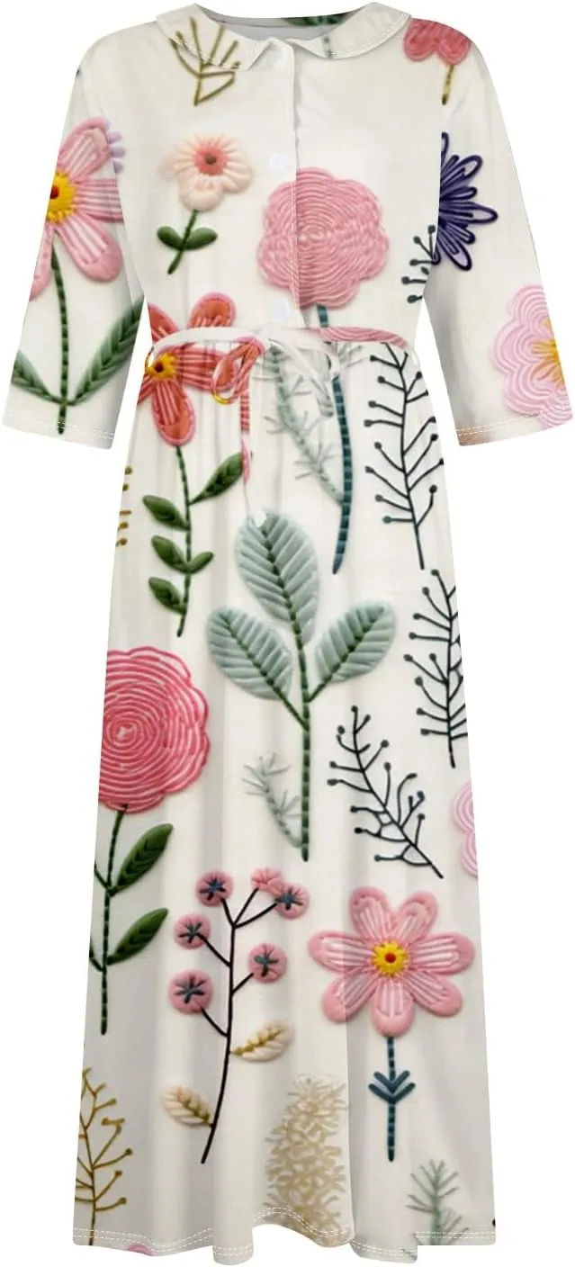 Summer Dress for Women 3/4 Sleeve Button Up A Line Flowy Maxi Dresses Vintage Floral Literary Simple Cotton Dress