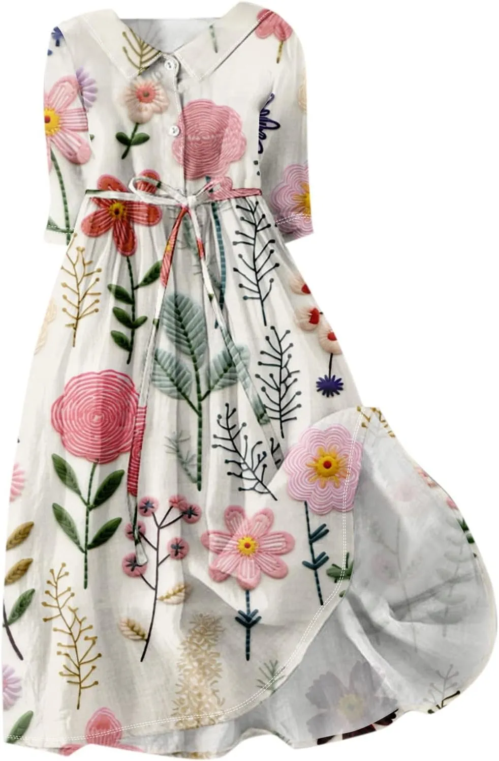Summer Dress for Women 3/4 Sleeve Button Up A Line Flowy Maxi Dresses Vintage Floral Literary Simple Cotton Dress