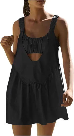 Summer Dress for Women Trendy,Smocked Cut Out Casual Flowy Tennis Dress Sexy Sleeveless Off Shoulder Mini Sundress