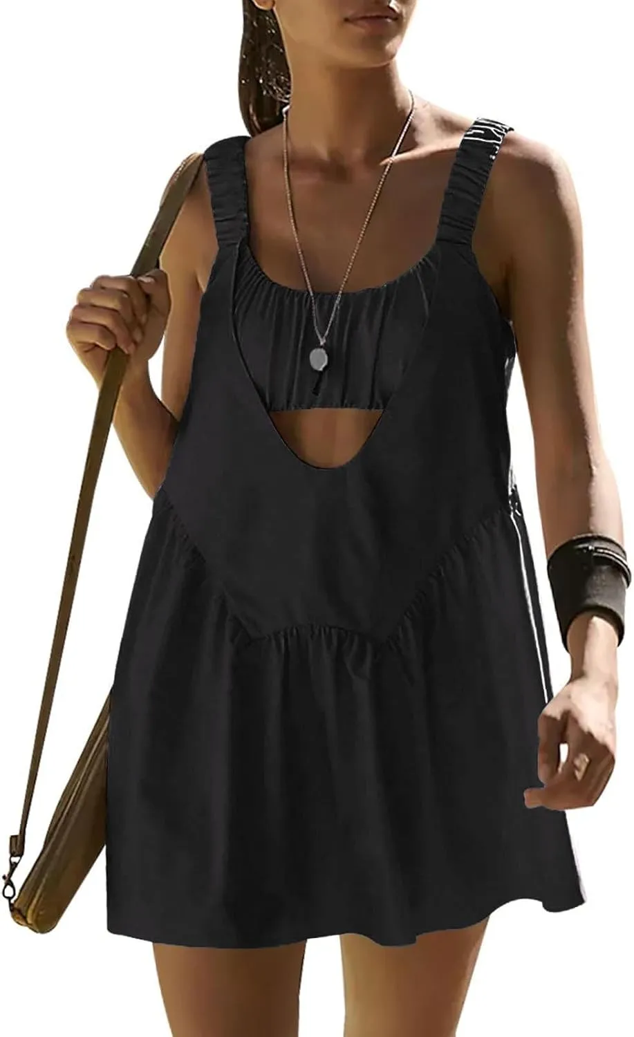 Summer Dress for Women Trendy,Smocked Cut Out Casual Flowy Tennis Dress Sexy Sleeveless Off Shoulder Mini Sundress