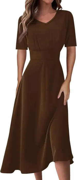 Summer Dresses for Women 2024, Women's Waisted Solid Color Casual Long Dress Plus Size Short Sleeve V-Neck Dresses