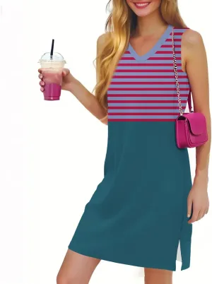 Summer Dresses for Women 2025 Beach Striped Sundresses Casual V Neck T Shirt Dress Sleeveless Loose Tank Dress with Split