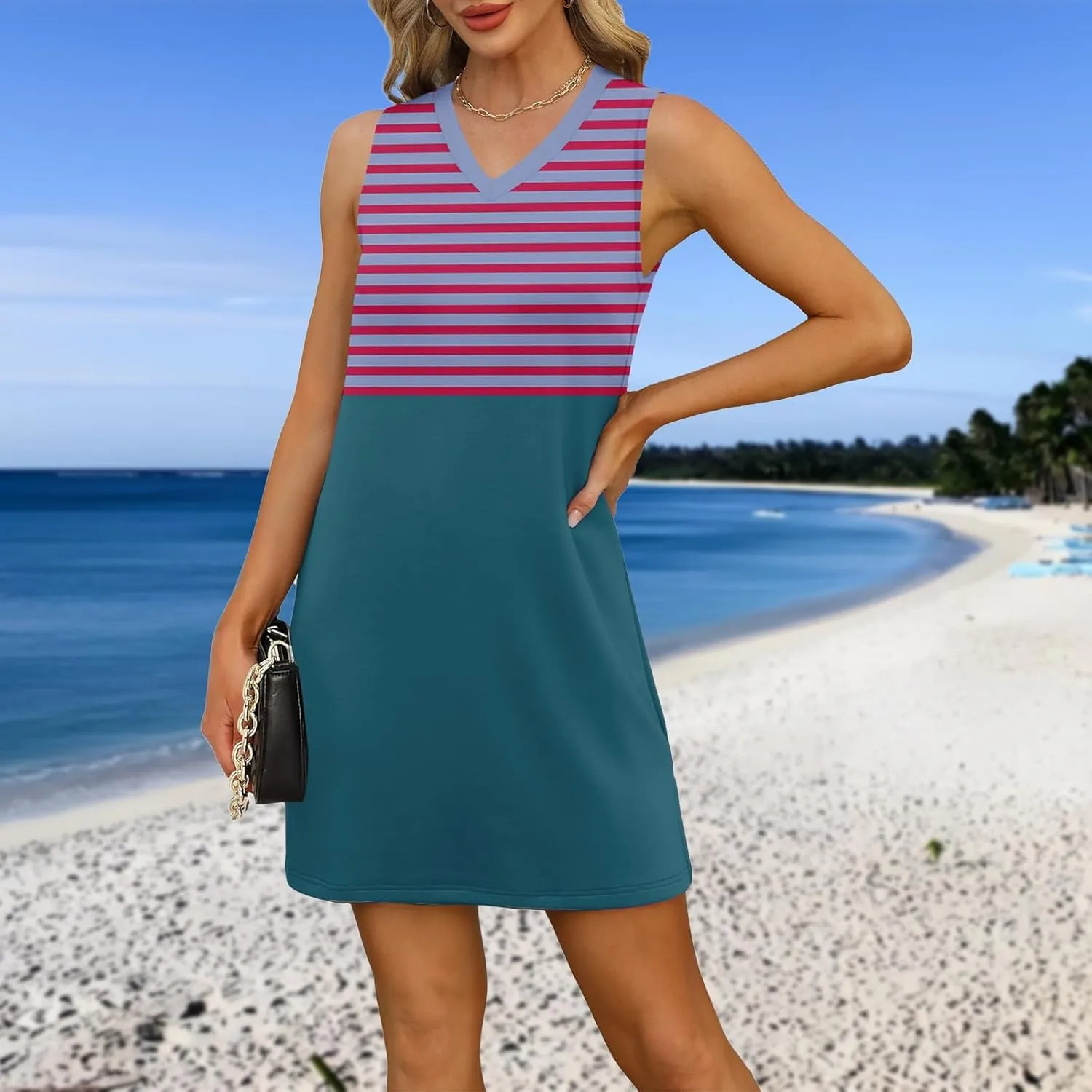 Summer Dresses for Women 2025 Beach Striped Sundresses Casual V Neck T Shirt Dress Sleeveless Loose Tank Dress with Split