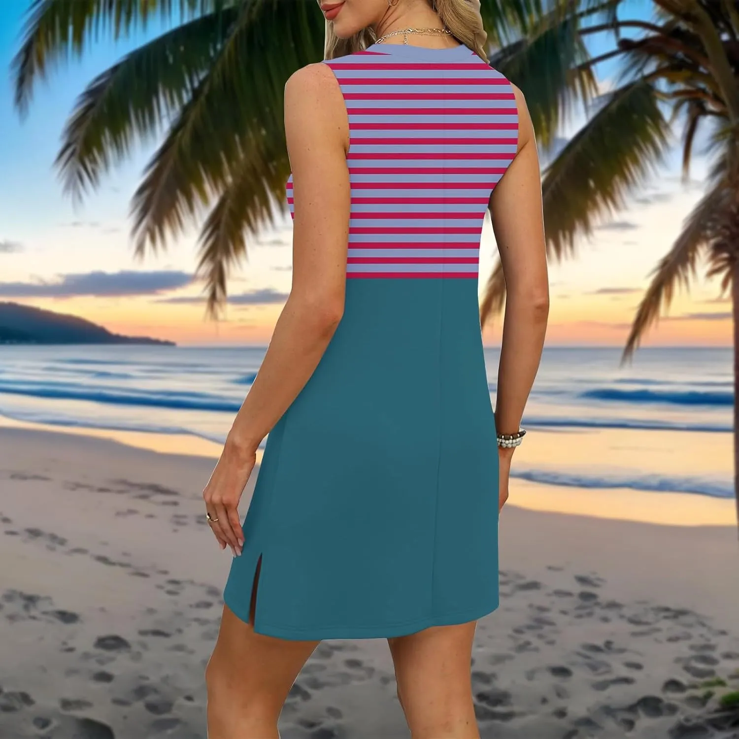 Summer Dresses for Women 2025 Beach Striped Sundresses Casual V Neck T Shirt Dress Sleeveless Loose Tank Dress with Split