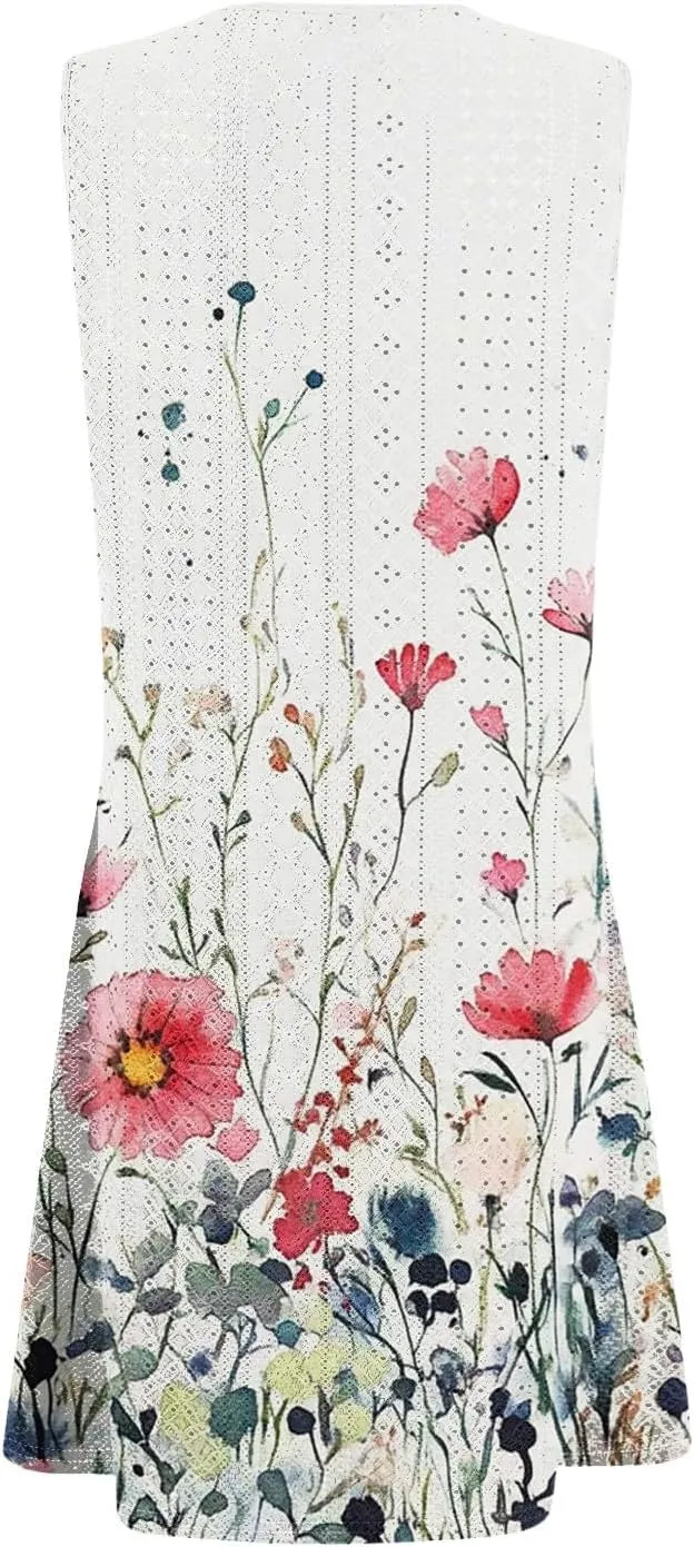 Summer Dresses for Women 2025 Beach T Shirt Dresses Sleeveless Floral Flowy Tshirt Tank Sundresses with Pocket