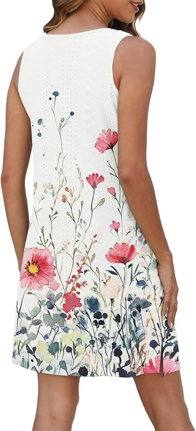 Summer Dresses for Women 2025 Beach T Shirt Dresses Sleeveless Floral Flowy Tshirt Tank Sundresses with Pocket