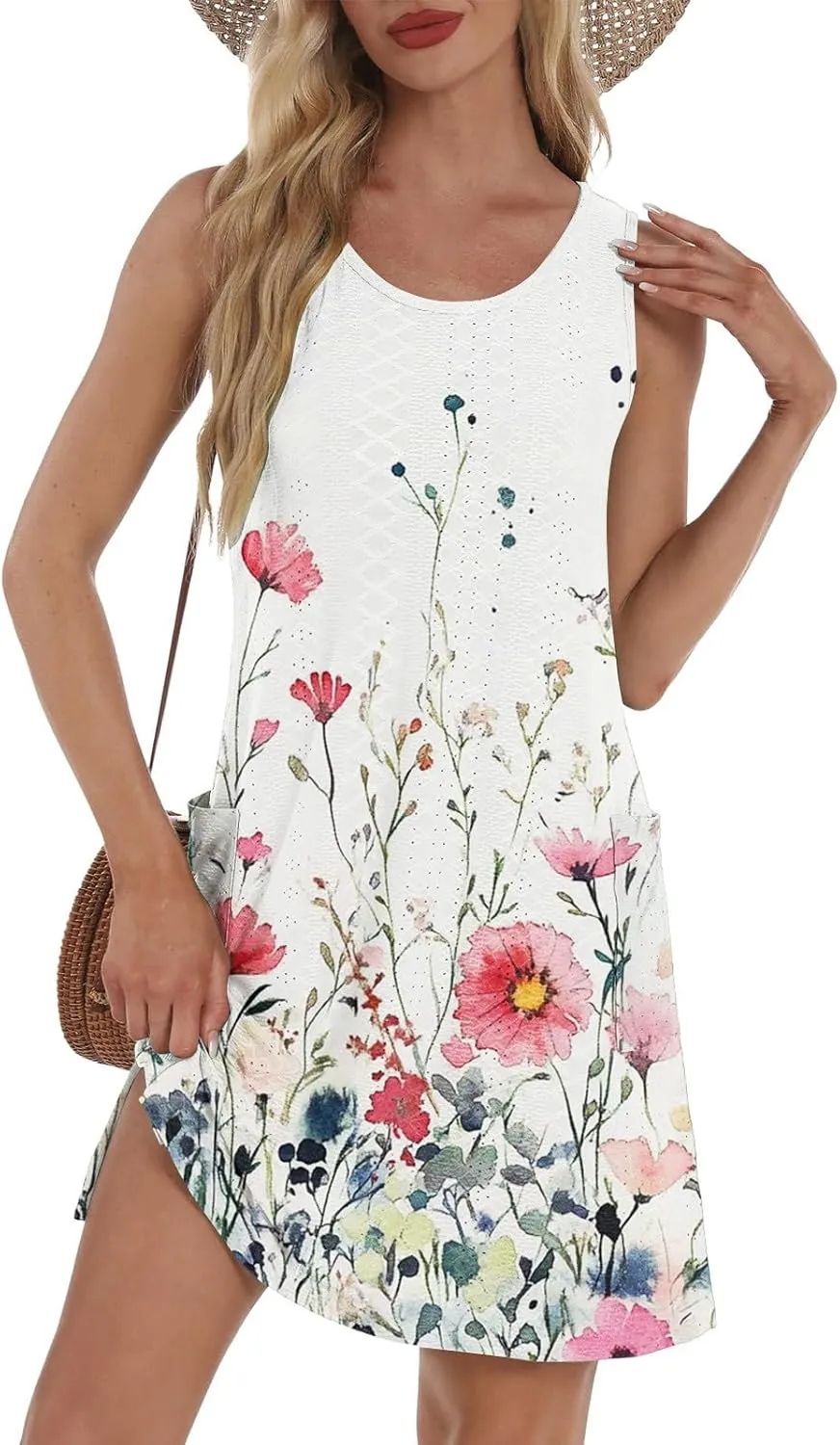 Summer Dresses for Women 2025 Beach T Shirt Dresses Sleeveless Floral Flowy Tshirt Tank Sundresses with Pocket