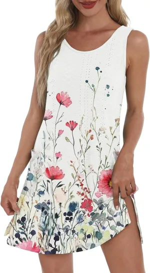 Summer Dresses for Women 2025 Beach T Shirt Dresses Sleeveless Floral Flowy Tshirt Tank Sundresses with Pocket