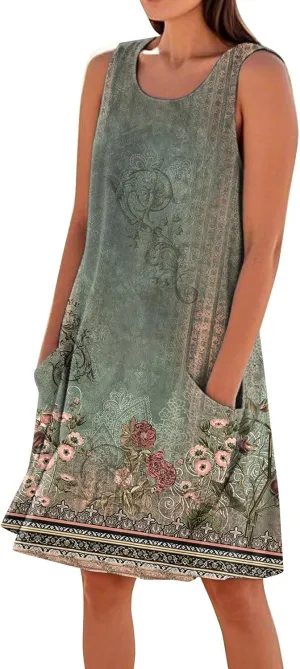 Summer Dresses for Women 2025 Beach U Neck Tank Dress Loose Sleeveless T Shirt Dress Casual Sundresses with Pockets