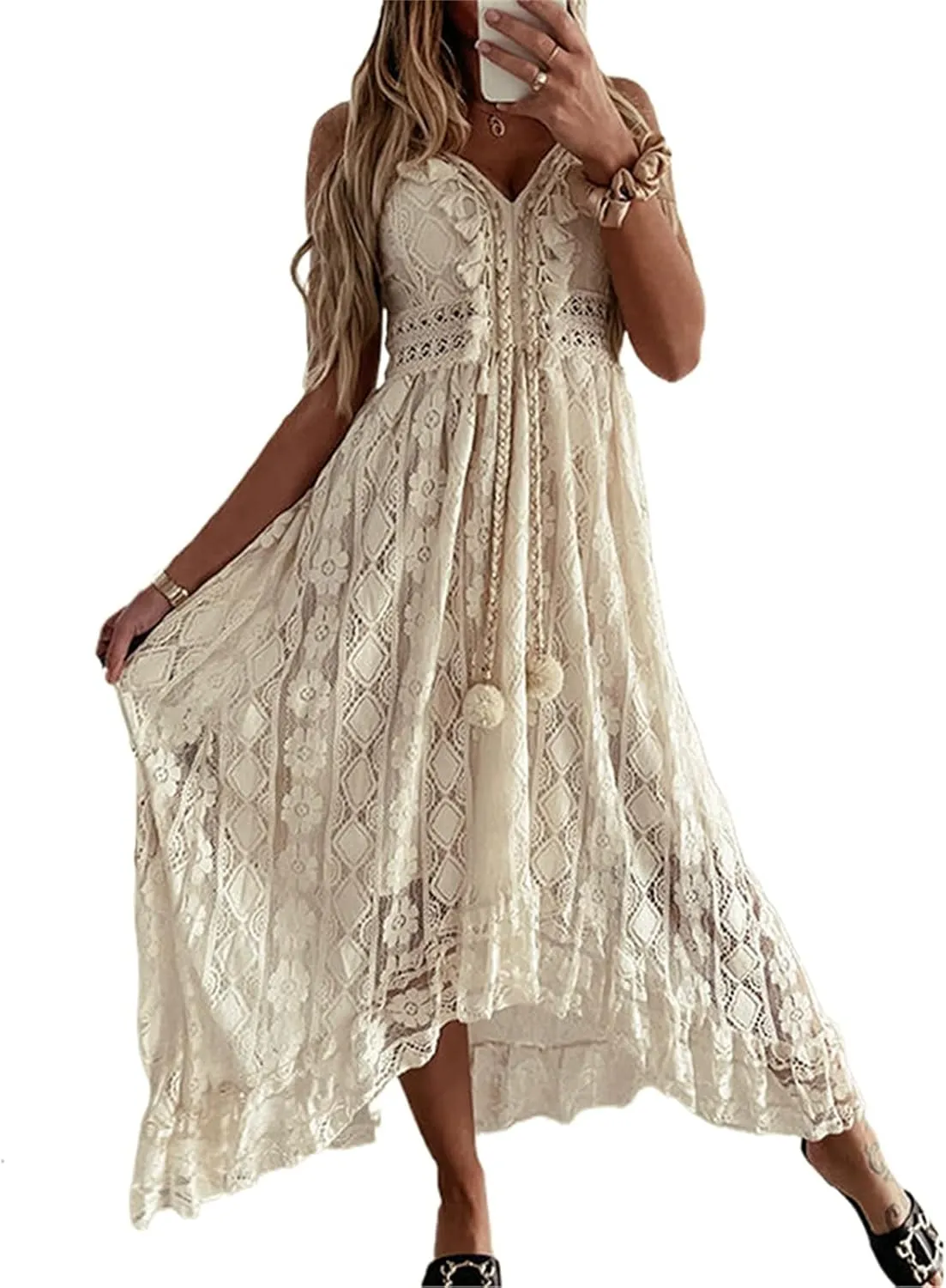 Summer Dresses for Women 2025 Boho Lace Sleeveless Spaghetti Straps Beach Vacation Flowy Maxi Sun Dress