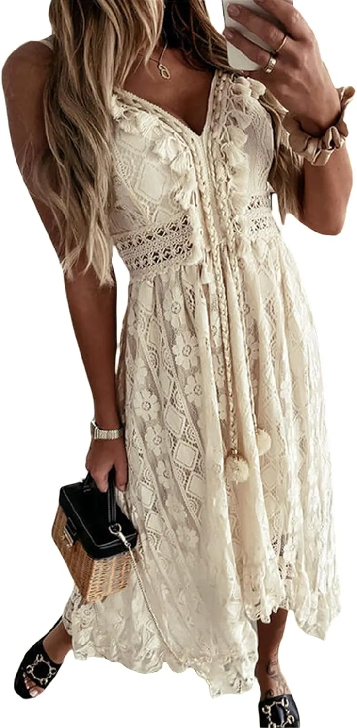 Summer Dresses for Women 2025 Boho Lace Sleeveless Spaghetti Straps Beach Vacation Flowy Maxi Sun Dress