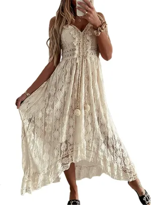 Summer Dresses for Women 2025 Boho Lace Sleeveless Spaghetti Straps Beach Vacation Flowy Maxi Sun Dress