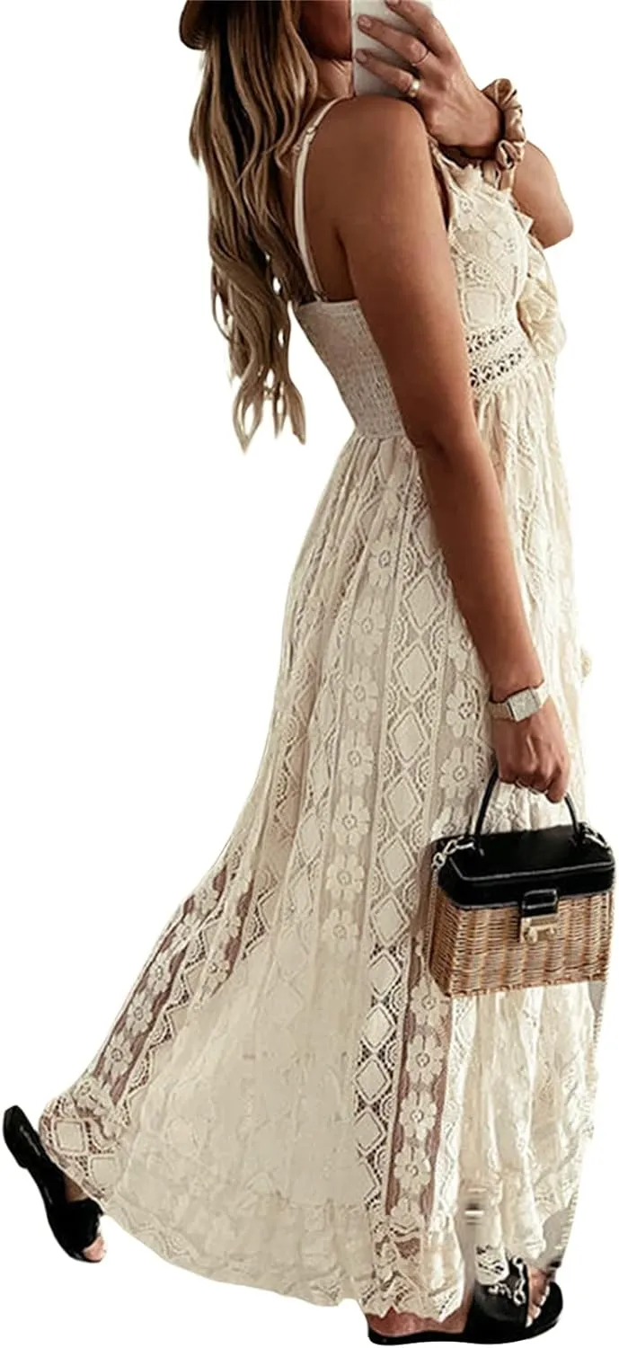 Summer Dresses for Women 2025 Boho Lace Sleeveless Spaghetti Straps Beach Vacation Flowy Maxi Sun Dress