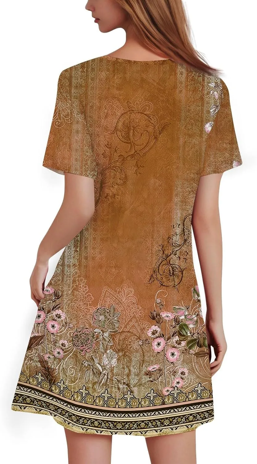 Summer Dresses for Women 2025 Casual Beach Mini Dress Loose Short Sleeve T Shirt Dress Floral Flowy A-Line Dresses
