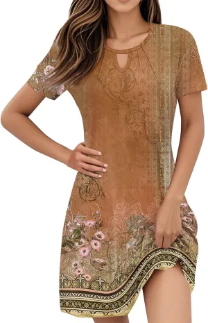 Summer Dresses for Women 2025 Casual Beach Mini Dress Loose Short Sleeve T Shirt Dress Floral Flowy A-Line Dresses