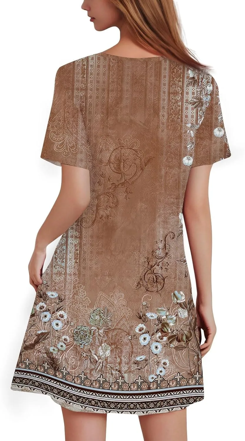Summer Dresses for Women 2025 Casual Beach Mini Dress Loose Short Sleeve T Shirt Dress Floral Flowy A-Line Dresses