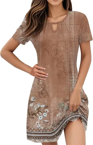 Summer Dresses for Women 2025 Casual Beach Mini Dress Loose Short Sleeve T Shirt Dress Floral Flowy A-Line Dresses