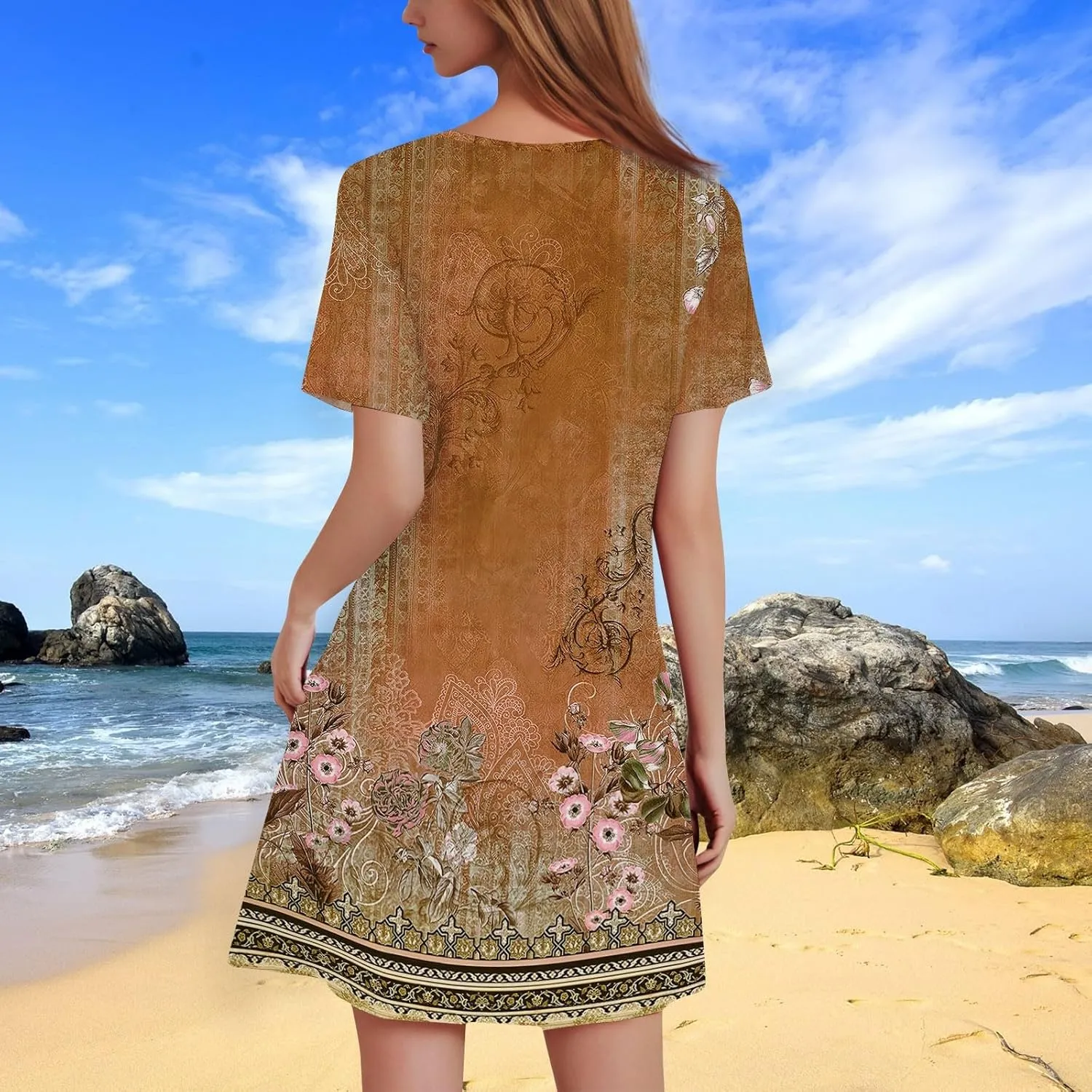 Summer Dresses for Women 2025 Casual Beach Mini Dress Loose Short Sleeve T Shirt Dress Floral Flowy A-Line Dresses