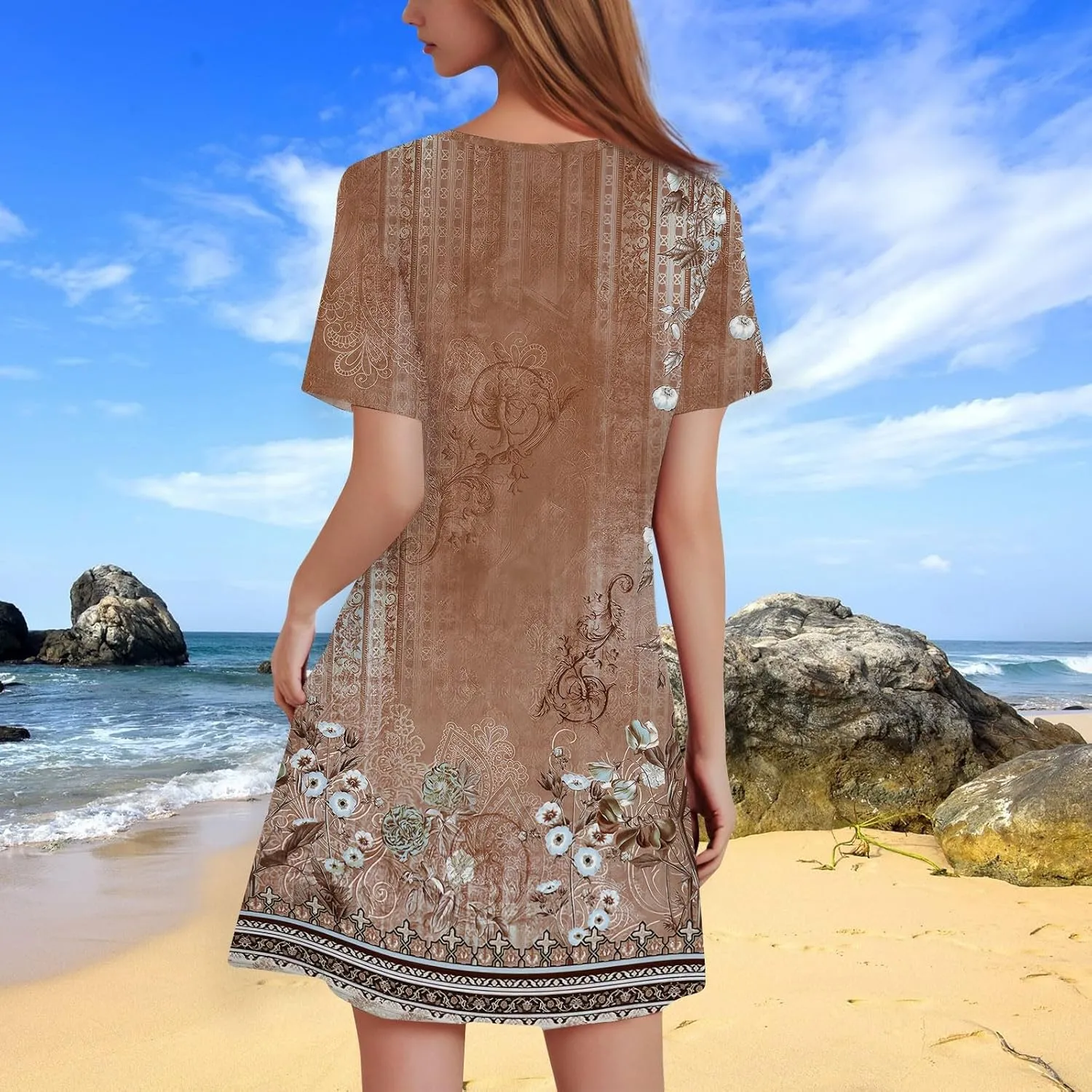 Summer Dresses for Women 2025 Casual Beach Mini Dress Loose Short Sleeve T Shirt Dress Floral Flowy A-Line Dresses